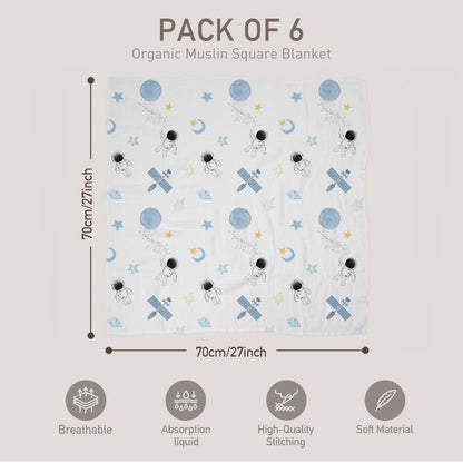 GLLQUEN Musselintücher für Babys, 6 Stück Spucktücher aus Baumwolle 70 cm x 70 cm, saugfähig und atmungsaktiv und ideal zum Reinigen, Abwischen und Abdecken von Neugeborenen