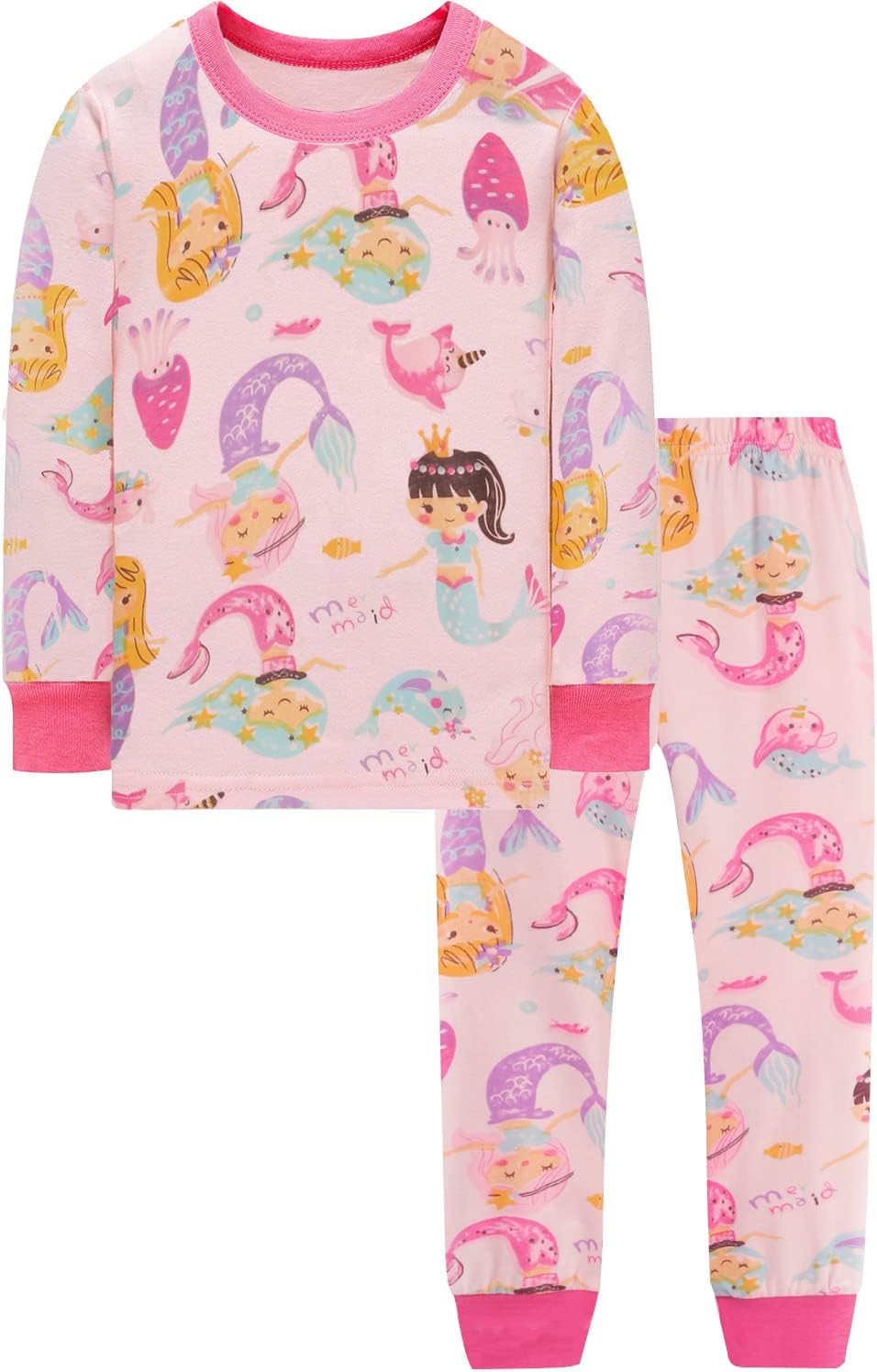 EULLA Kinder Schlafanzüge Mädchen Langarm Winter Pyjama Set Baumwolle Meerjungfrau Einhorn Prinzessin Katze Dino Zweiteilig Nachtwäsche 92 98 104 110 116 122