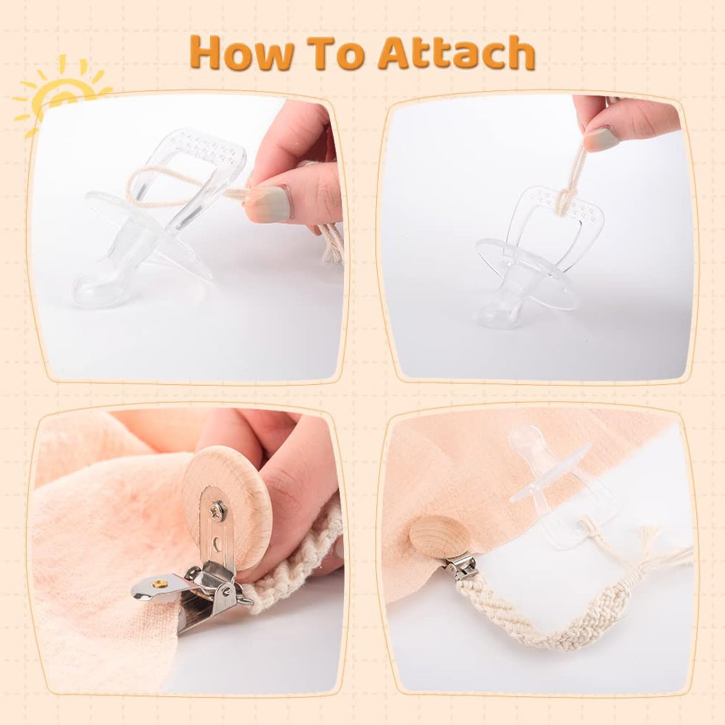 IOSPKKIO® 3 Stück Schnullerclip für Jungen und Mädchen, Schnullerhalter, mit Holzklammern, Handgefertigt, Geflochtene Baumwolle, Babyparty, Geburtstagsgeschenk(Beige)