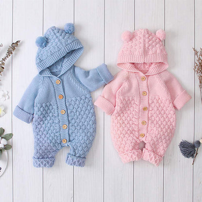 OBEEII Newborn Baby Knitted Romper Jumpsuit with Hood Ear Onesies Pullover Winter Warmer Onesie Bodysuit for Boys Girls