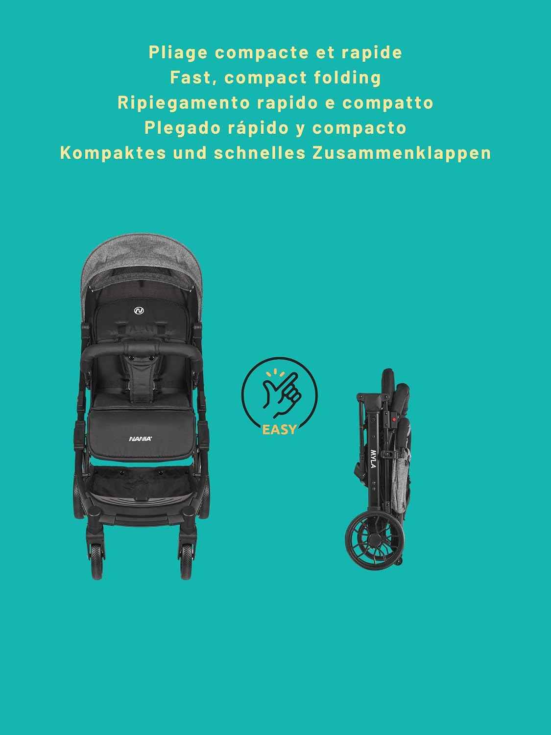Nania Myla, kompakter Buggy, Kinderwagen 0 bis 4 Jahre (22 kg max), leicht (7,5 kg), Stadtwagen, mit einer Hand in Liegeposition neigbar, großer Aufbewahrungskorb, mit Transporttrolley