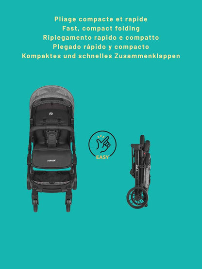 Nania Myla, kompakter Buggy, Kinderwagen 0 bis 4 Jahre (22 kg max), leicht (7,5 kg), Stadtwagen, mit einer Hand in Liegeposition neigbar, großer Aufbewahrungskorb, mit Transporttrolley