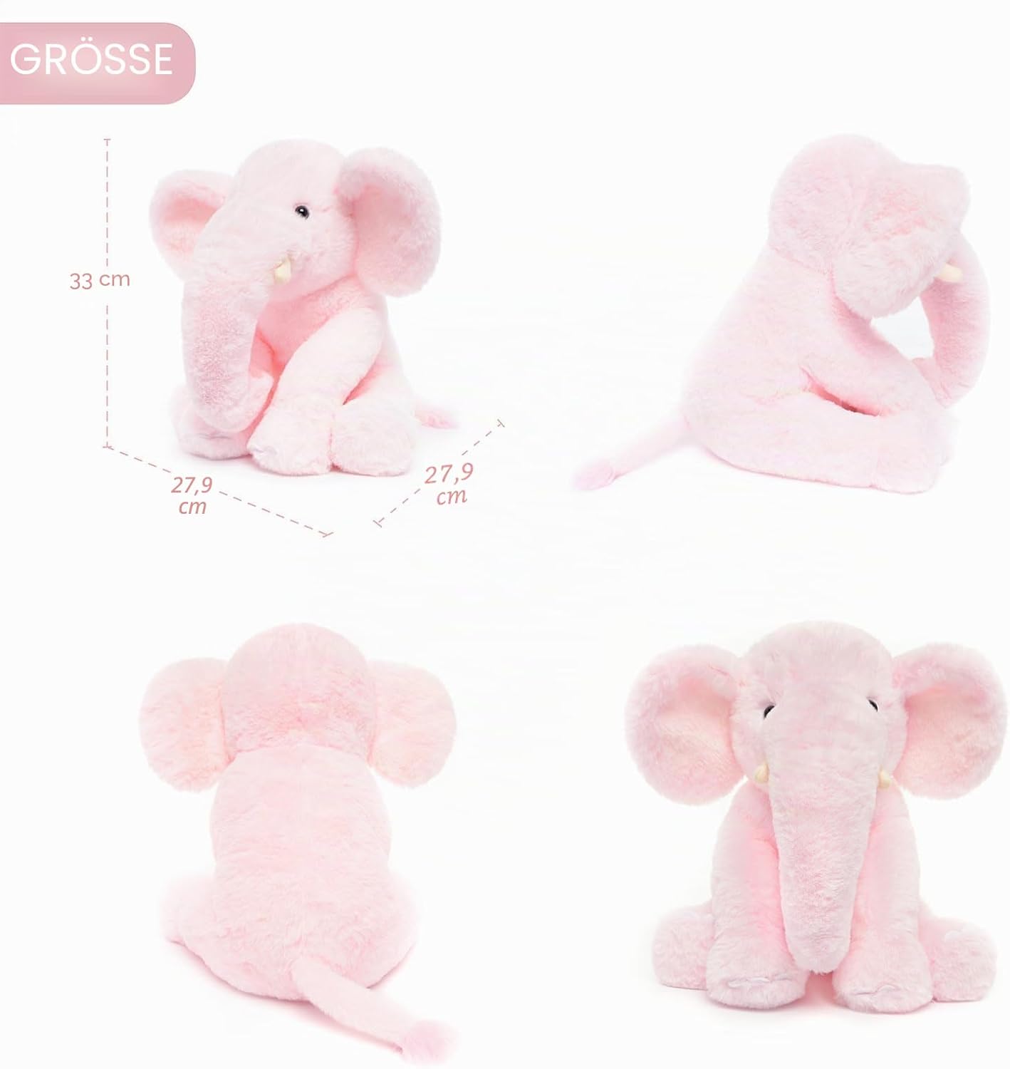 Plüsch Elefant 33 cm – Weiches rosa Kuscheltier mit großen Ohren & Langer Nase – Niedliches Stofftier für Kinder & Deko | Für Jungen, Mädchen, Kinder, Babyparty, Schlafzimmer, Weihnachten, Geburtstagsgeschenke