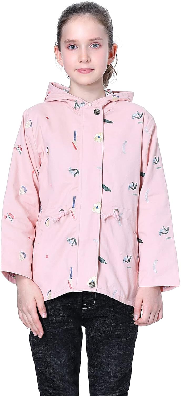 SXSHUN Girls' Windbreaker Jacket with Hood and Floral Embroidery, Hooded Trench Coat