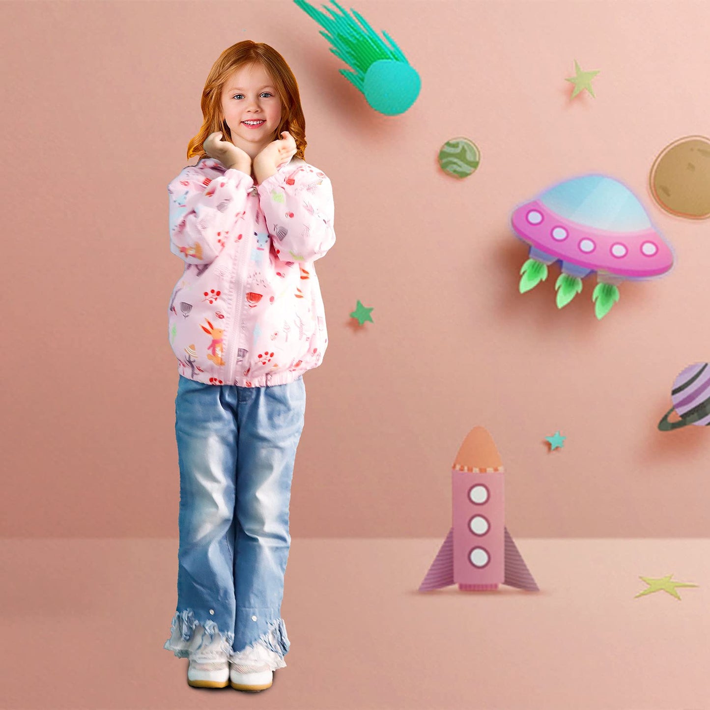 JinBei Jacken Mädchen Jacke Baby Kinder Kapuzen Sweatjacke Kapuzenjacke Cartoon Aufdruck Winddicht Mantel Windjacke Übergangsjack Frühling Herbst Outwear Softshelljacke Regenjacken 1-7 Jahre