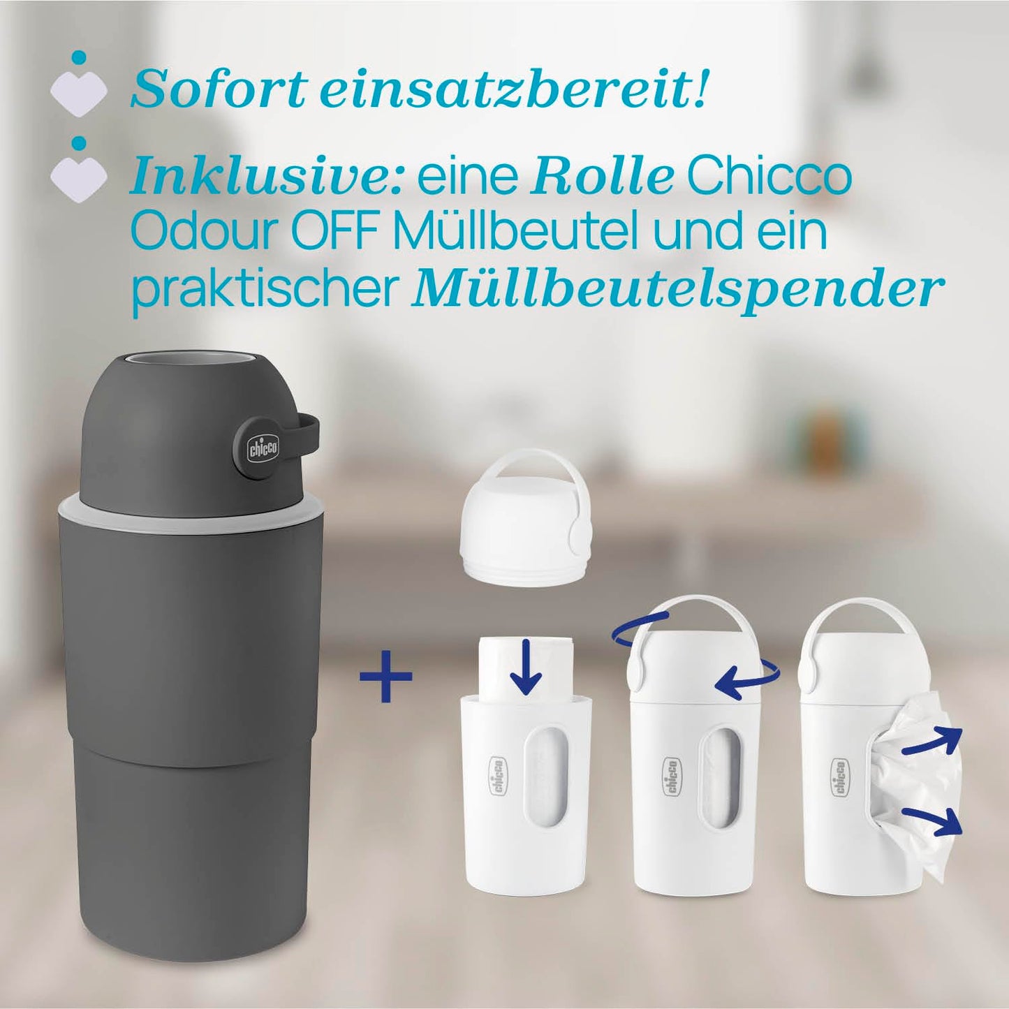 Chicco Windeleimer Odour Off, geruchsdichtes System, platzsparender Baby Windeleimer mit Deckel, einfach zu benutzen und zu reinigen, Ohne Nachfüllkassetten, funktioniert mit herkömmlichen Tüten