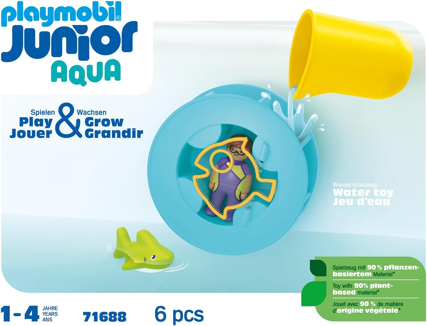 PLAYMOBIL JUNIOR | Aqua | Wasserwirbelrad mit Baby-Hai | Badewannenspielzeug aus biobasierten Kunststoffen | für Kinder ab 1 Jahr | 71688