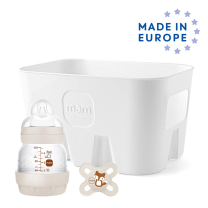 MAM Easy Start Anti-Colic Combi-Set, Babyflaschen Set mit 6 Flaschen gegen Koliken (2 x 130 ml, 160 ml, 260 ml) & Flaschenkorb, Babyausstattung ab der Geburt, beige