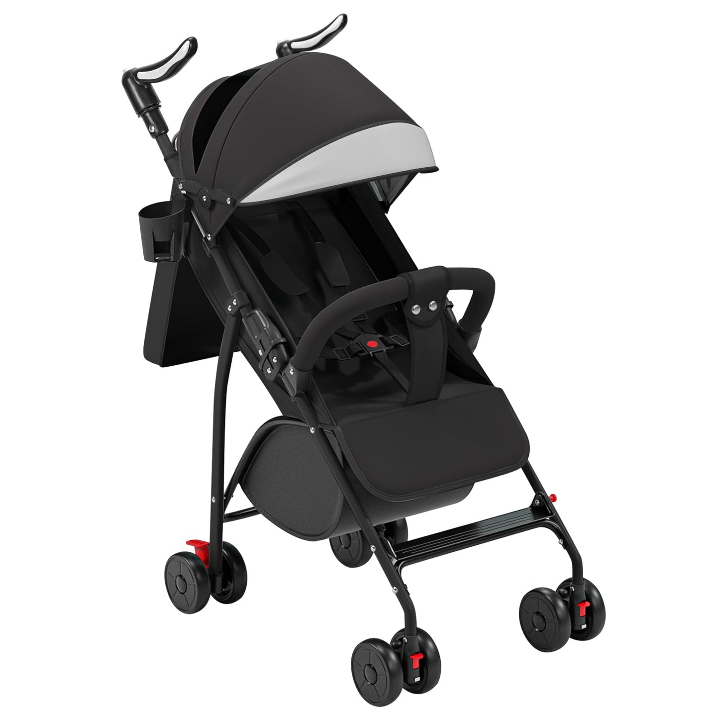 Buggy für Babys, ultraleicht, kompakt, faltbar und neigbar, von Geburt bis 25 kg, mit Trolley-System, Regenschutz inklusive, ausziehbarer Haube, C-schwarz