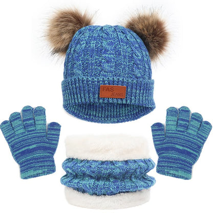 LINSOCLE 3-in-1 Children's Winter Hat Scarf Gloves Set, Knitted Hat Baby Hat Children's Hat Set, Boys Warm Winter Hat Beanie Hat Gloves Round Scarf Set for Children 2-6 Years 