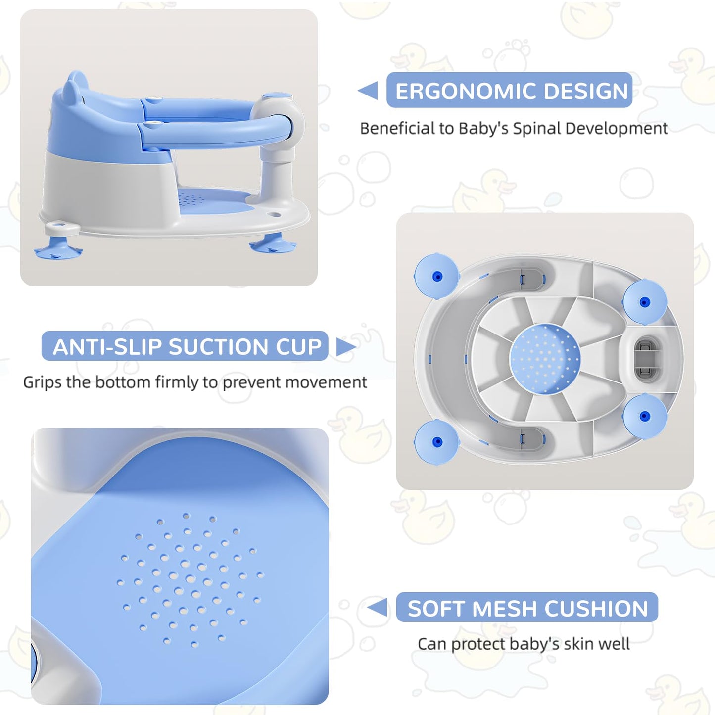 Baby Bath Seat from 6 Months, Bear Non-Slip Bath Seat Baby with 4 Suction Cups and Cushions for Toddlers and Newborns, Safe Portable Bath Chair for Shower or Bathtub, Pink