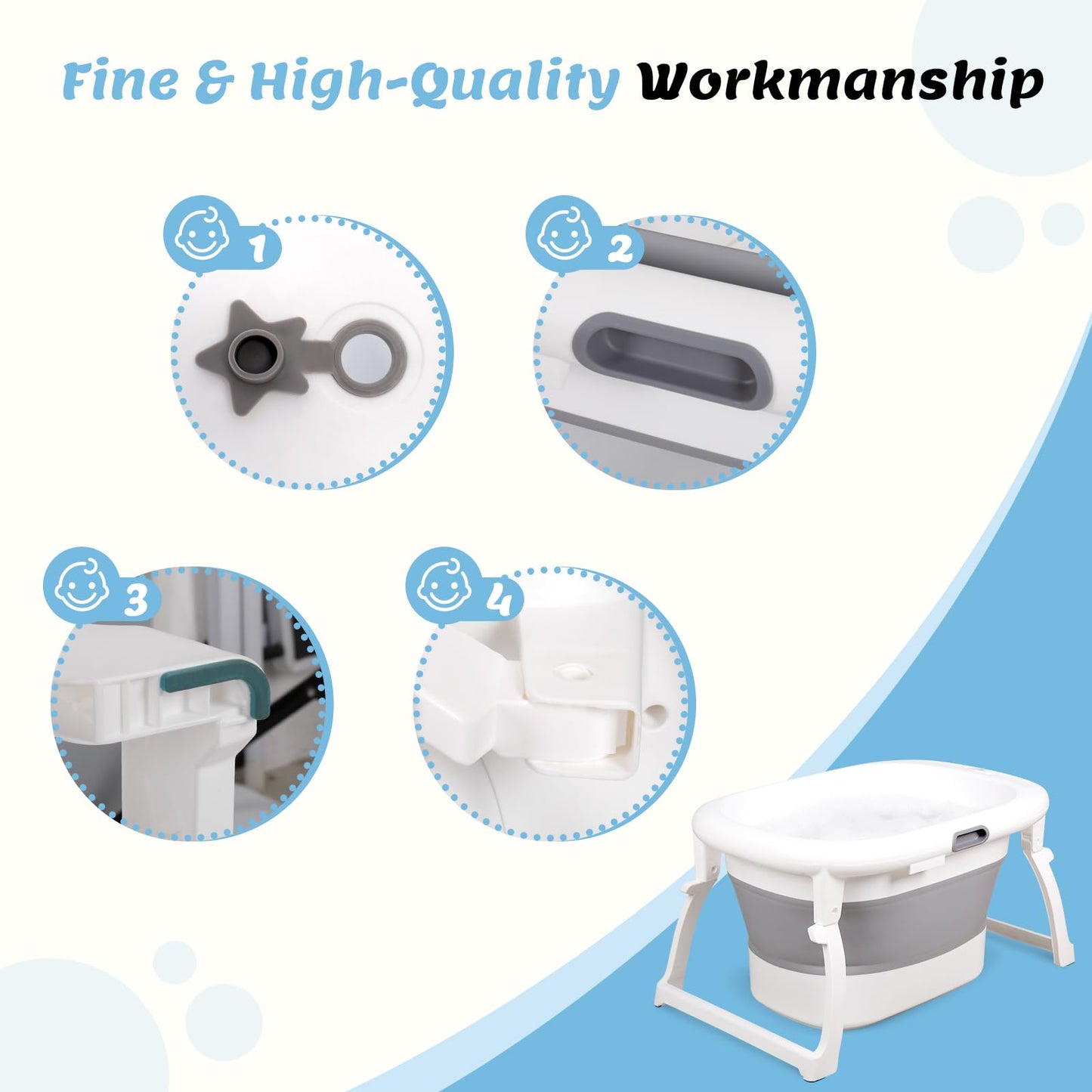 Schwänlein® Faltbare Baby Badewanne,81 * 48 * 24cm Baby Bathtub Babywanne Wanne Faltbar mit Badewannen Stützkissen Sitzmatte, Badebecken Duschwanne für Neugeborene Kleinkinder (grau)