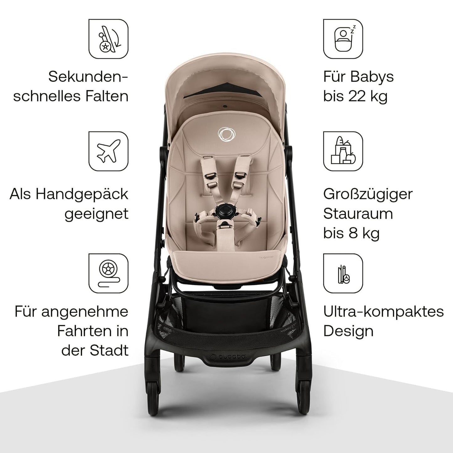 Bugaboo Butterfly 2 Reisebuggy Set – leichter, faltbarer Kinderwagen mit Sicherheitsbügel & Regenabdeckung – Handgepäckgröße, mit Liegefunktion – ab 6 Monaten bis 4 Jahre – Desert Taupe