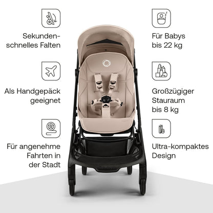 Bugaboo Butterfly 2 Reisebuggy Set – leichter, faltbarer Kinderwagen mit Sicherheitsbügel & Regenabdeckung – Handgepäckgröße, mit Liegefunktion – ab 6 Monaten bis 4 Jahre – Desert Taupe