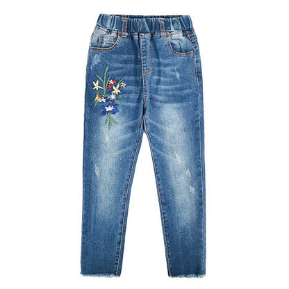 KIDSCOOL SPACE Girls Jeans Split Hem with RAL Edges Elastic Waist in High Elastic Wide Leg Denim Pants
