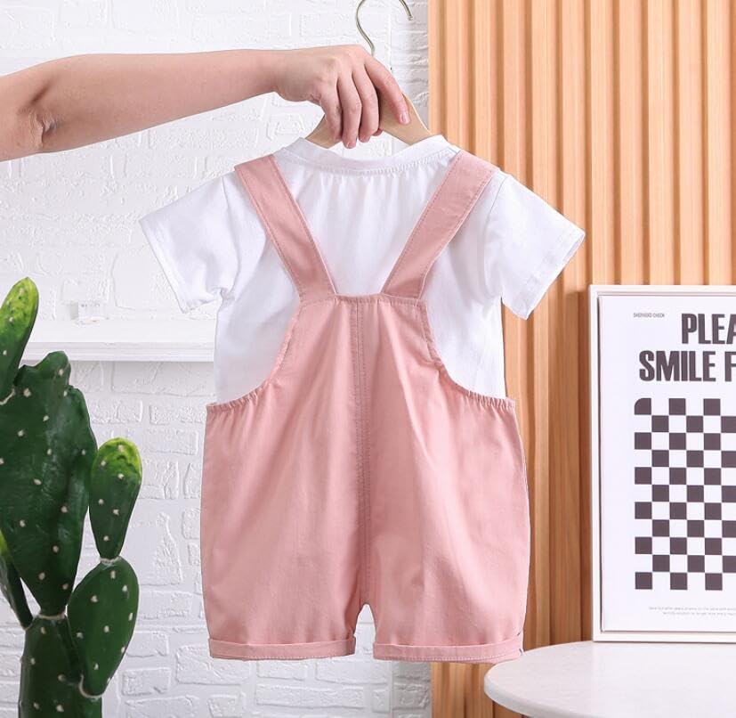 ACMEDE 2tlg Baby Mädchen Kleidung Set Gr. 74/80/86/92/98 kinder Kurzarm Oberteil T-Shirt Baumwolle + Sommer Jeans Latzhose Kurz mit Bärenpuppe Bodysuit Jumpsuit shorts Gr. 104/110/116/120