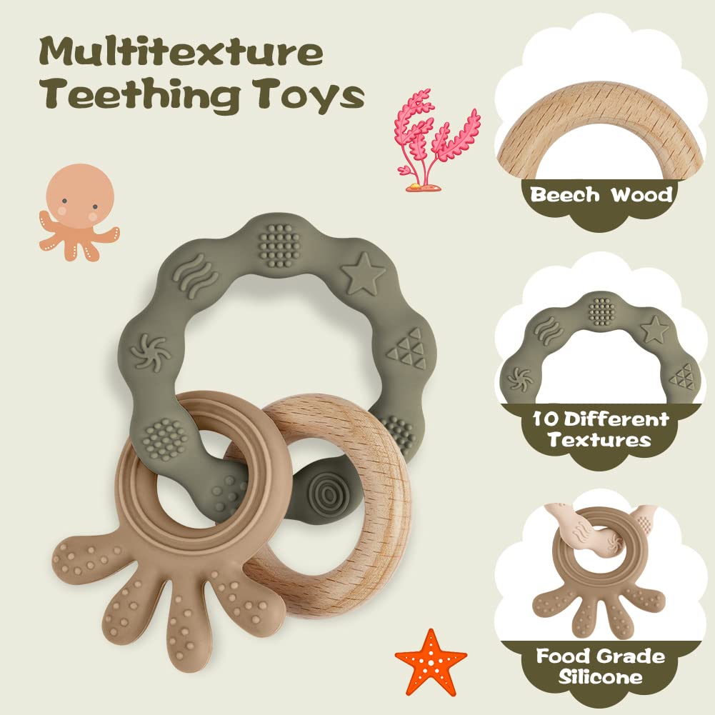 Vicloon Beißring für Babys, Beißring Spielzeug aus Silikon und Holzringe, Baby Zahnungshilfe BPA-frei, Schmerzlindernde Zahnen Nursing Zubehör für ab 3 Monaten Babys(Wal Blau)
