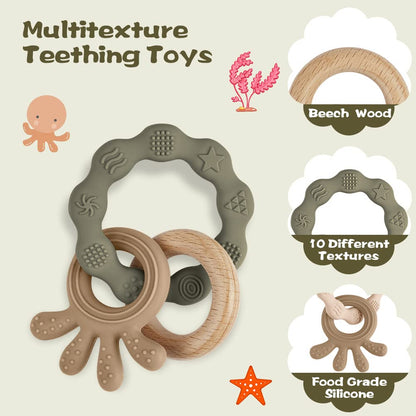 Vicloon Beißring für Babys, Beißring Spielzeug aus Silikon und Holzringe, Baby Zahnungshilfe BPA-frei, Schmerzlindernde Zahnen Nursing Zubehör für ab 3 Monaten Babys(Wal Blau)
