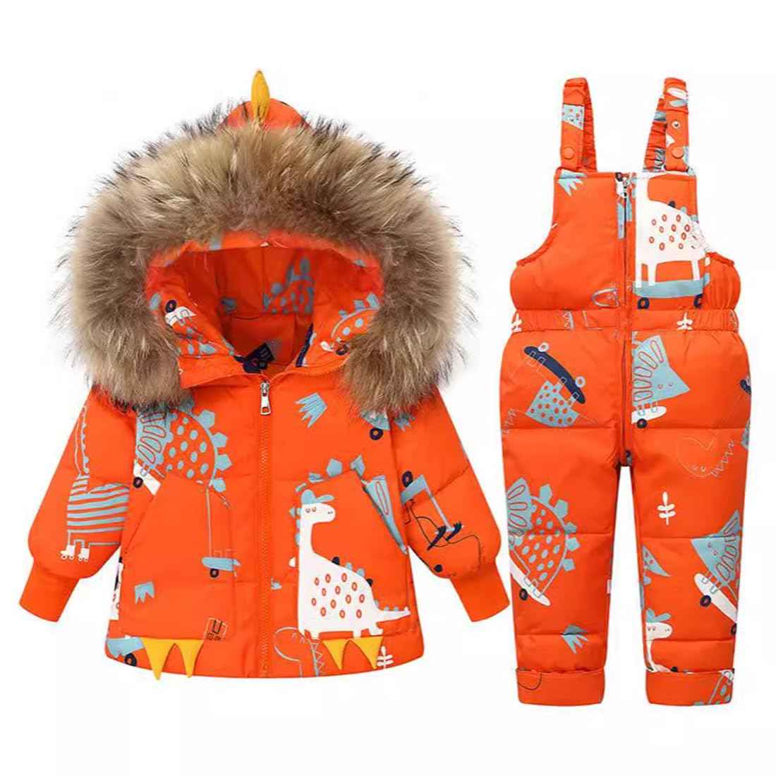Printed Snowsuits for Baby Girls, 2-Piece Clothing Set, Winter Unisex Children's Down Jacket with Removable Fur Hood with Snow Dungarees, Boys and Girls, Ski Suit Clothing