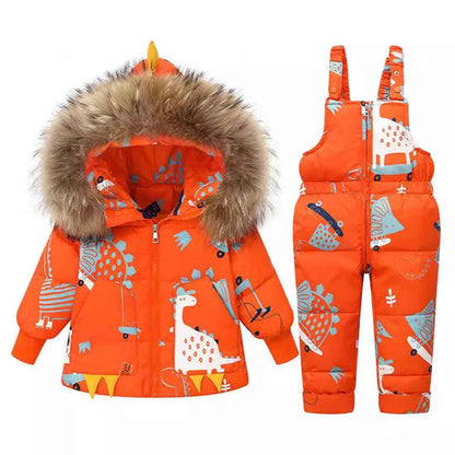 Printed Snowsuits for Baby Girls, 2-Piece Clothing Set, Winter Unisex Children's Down Jacket with Removable Fur Hood with Snow Dungarees, Boys and Girls, Ski Suit Clothing
