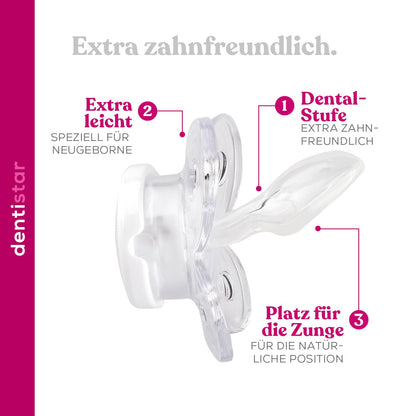 Dentistar® Silikon Schnuller 2er-Set – Größe 0 für 0-2 Monate – Zahnfreundlicher & kiefergerechter Silikonschnuller mit Dental-Stufe – Beige mit Herz-Motiv – BPA-frei – Made in Germany