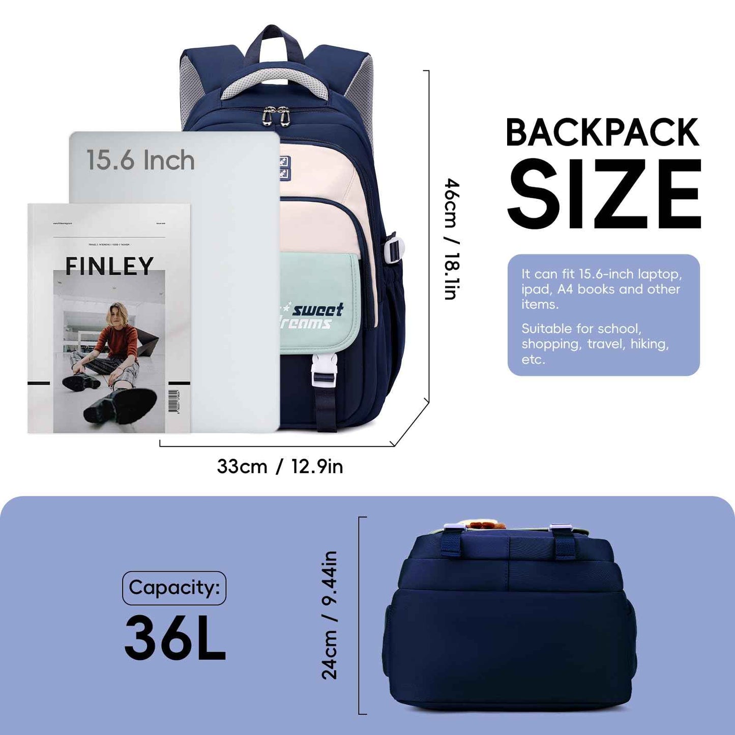 School Backpack Teenager - 36L School Bag for Girls from 5th Grade, Large Backpack for Middle and High School, Casual Children's Backpack with Cute Pendant and Trolley Strap, black, Rucksack