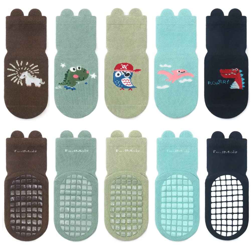 Pack of 5 Baby Toddler ABS Non-Slip Socks, Trainer Socks, Animal Motifs, Cotton