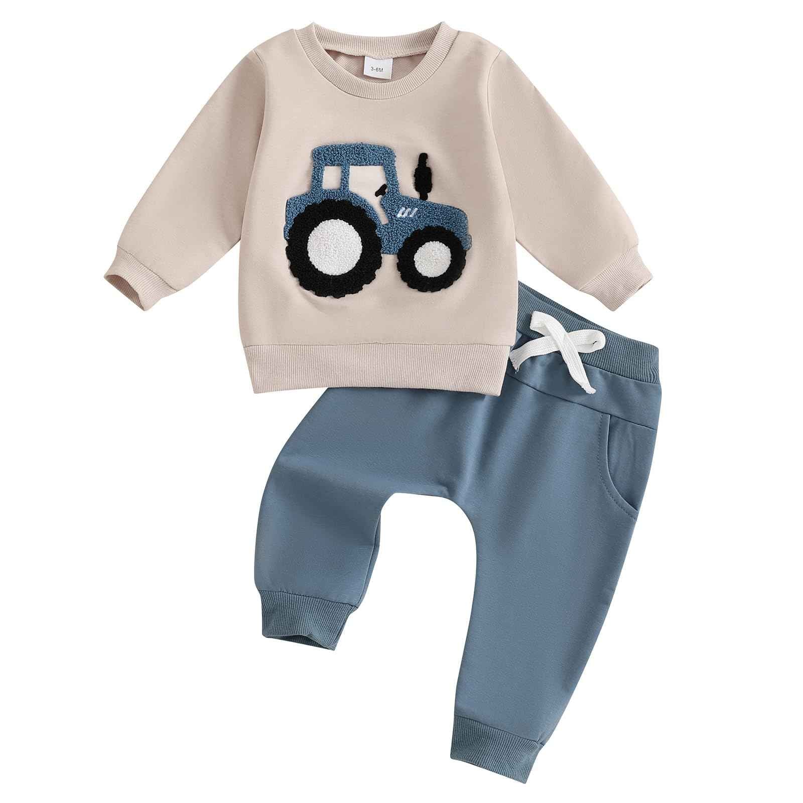 Xeadoffubio Baby Boys' Spring Outfit, Tractor/Car Print Tracksuits, Long Sleeve Car Print Sweatshirts + Elastic Drawstring Trousers, 2-Piece Sports Clothing Set, Soft Tractor Outfits