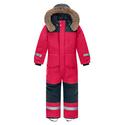 L SERVER Children's Ski Suit Boys with Hood Windproof Waterproof Snow Overall Girls Warm Snowsuit Thicker Ski Overall with Reflective Stripes