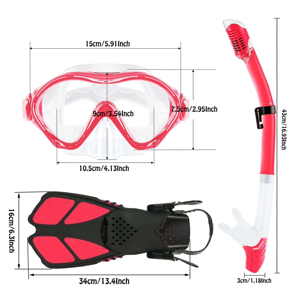 HH HHAO SPORT Children's snorkel set with fins, 180° panorama wide view diving goggles children, adjustable flippers, high-quality diving mask and dry top snorkel
