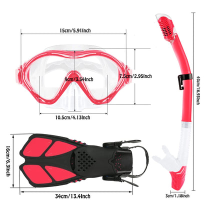 HH HHAO SPORT Children's snorkel set with fins, 180° panorama wide view diving goggles children, adjustable flippers, high-quality diving mask and dry top snorkel