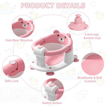Baby Bath Seat from 6 Months, Bear Non-Slip Bath Seat Baby with 4 Suction Cups and Cushions for Toddlers and Newborns, Safe Portable Bath Chair for Shower or Bathtub, Pink