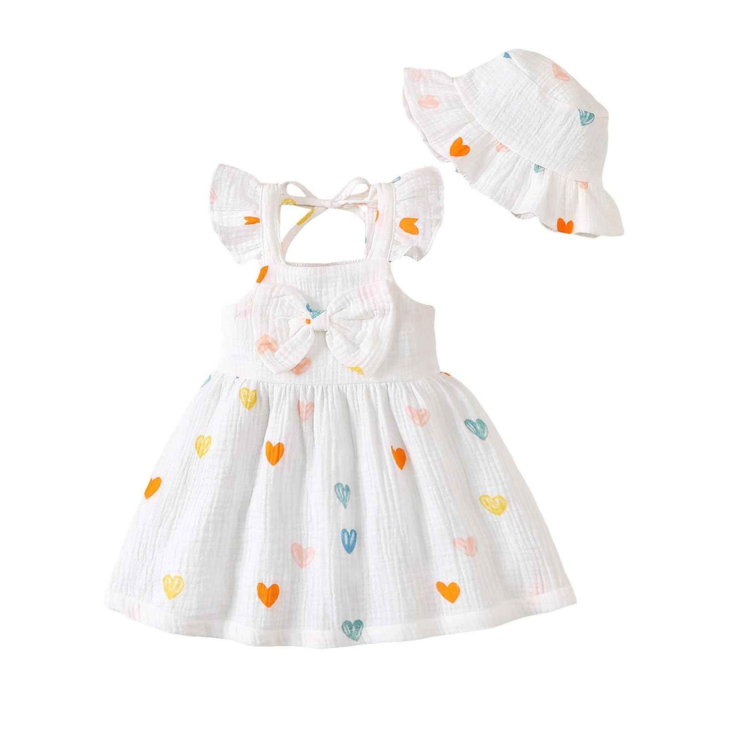 Kleinkind Baby Mädchen Sommer Kleid Outfit Rüschenärmel Herz/Blumenmuster Boho Kleider Niedliches Baby Sommerkleid mit Hut