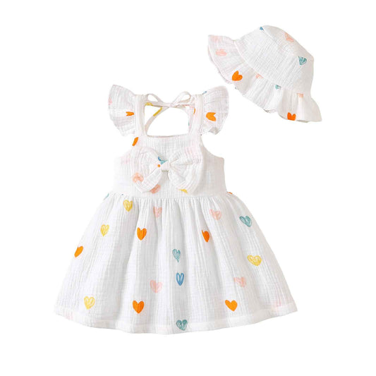 Kleinkind Baby Mädchen Sommer Kleid Outfit Rüschenärmel Herz/Blumenmuster Boho Kleider Niedliches Baby Sommerkleid mit Hut