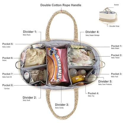 Baby Nappy Caddy Organiser, Multifunctional Storage Box for Nappies, with Interchangeable Compartments, 100% Cotton Linen, Portable Storage Basket for Nappies, Baby Shower Gift