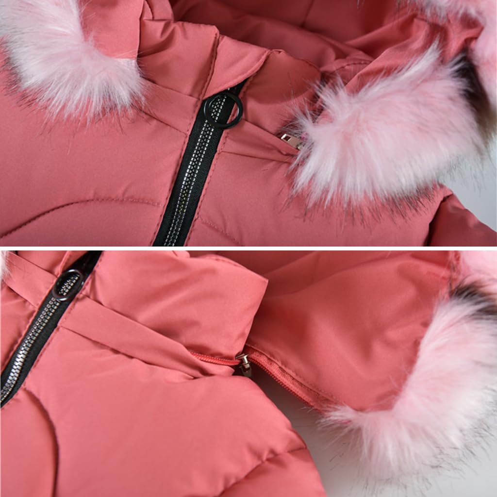 linboo Girls' Winter Jacket Children's Winter Coat Thick Quilted Jacket Long Warm Parka Cotton Jacket Outdoor Coat with Fur Hood and Love Embroidery Print
