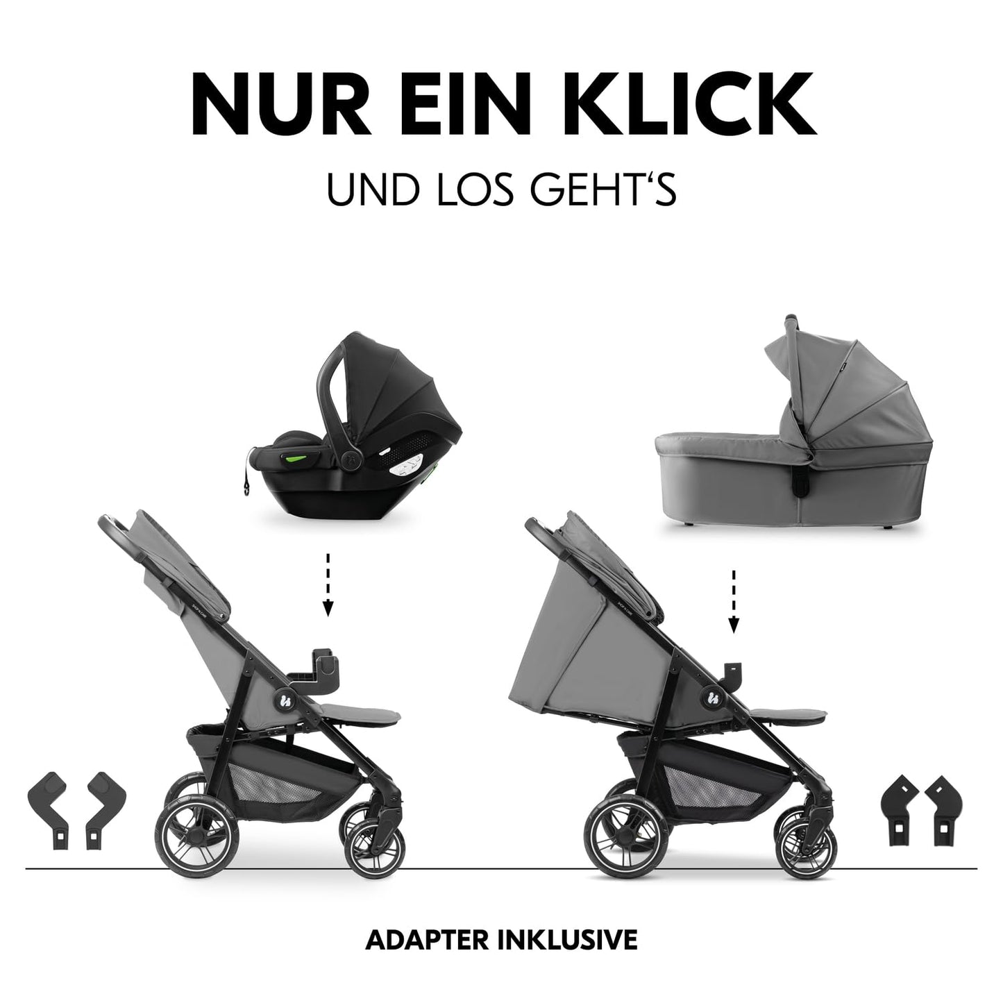hauck 3in1 Kinderwagen Set Shop N Care Trio Set inkl. Buggy, Babywanne, Babyschale ab Geburt bis 22 kg, Klein Zusammenklappbar, Liegefunktion, Getränkehalter & Tablett, UV-Schutz 50+ (Grey)