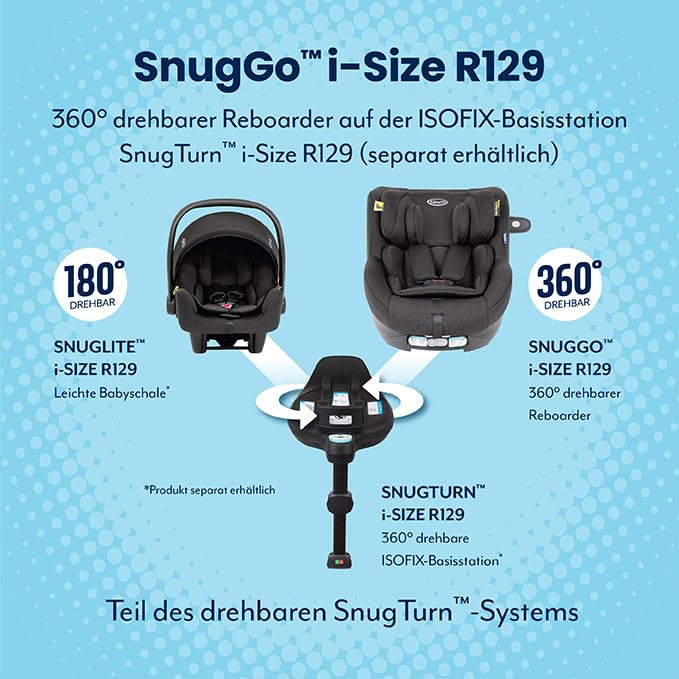 Graco SnugLite™ i-Size R129 Babyschale, ab Geburt bis ca. 12 Monate (40 bis 75 cm), leicht, kompatibel mit ISOFIX-Basisstation SnugTurn™ i-Size R129 (separat), Neugeboreneneinlage, schwarz, Midnight - Meloni2