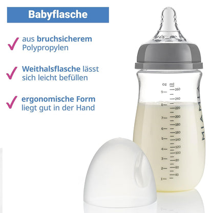 MiaMia 13-tlg. Babyflaschen Set – 6 Flaschen mit Silikon-Trinksaugern | Inkl. Milchpulverportionierer, Bürste & Abtropfständer | BPA-frei, Anti-Kolik & spülmaschinenfest | 2x 140 ml & 4x 260 ml - Meloni2
