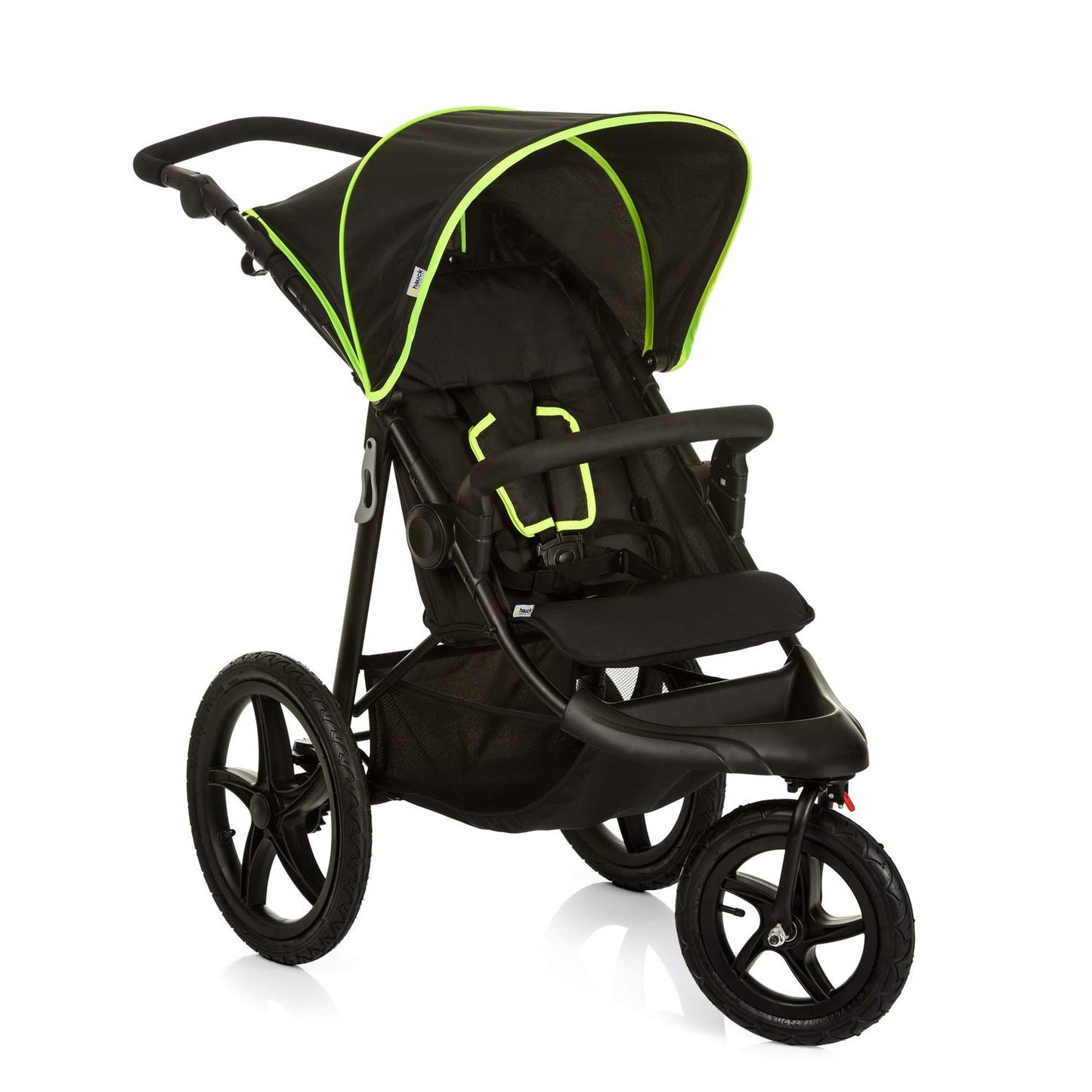 Hauck Runner, Schwarz/Neongelb - Robuster All-Terrain-Pugchair mit Regenschutz, XL Pneumatische Lufträder, verstellbare Rückenlehne von Geburt bis zu 22 kg, höhenverstellbarer Griff, XL Mesh-Fenster
