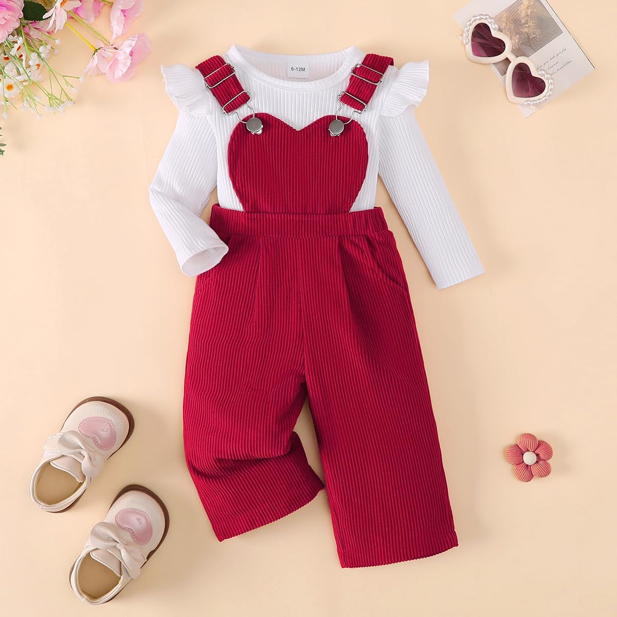 Baby Mädchen Sommer Outfits Rüschen Kurzarm Ripptop+ Blumen/Herzmuster Overalls Shorts Mit Tasche Süßes 2-Teiliges Kleidungsset