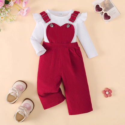 Baby Mädchen Sommer Outfits Rüschen Kurzarm Ripptop+ Blumen/Herzmuster Overalls Shorts Mit Tasche Süßes 2-Teiliges Kleidungsset
