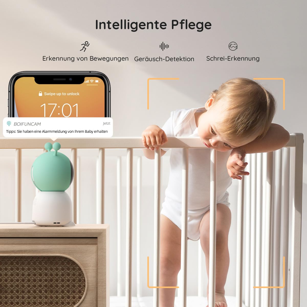 BOIFUN Babyphone mit Kamera 2K, 5-Zoll-Display, 360° PTZ, Nachtlicht | Nachtlicht, IR Nachtsicht, 360° Kamera, Handy, Weinen/Bewegungs/Geräuscherkennung, Bewegungsverfolgung, Temp&Feuchteerfassung