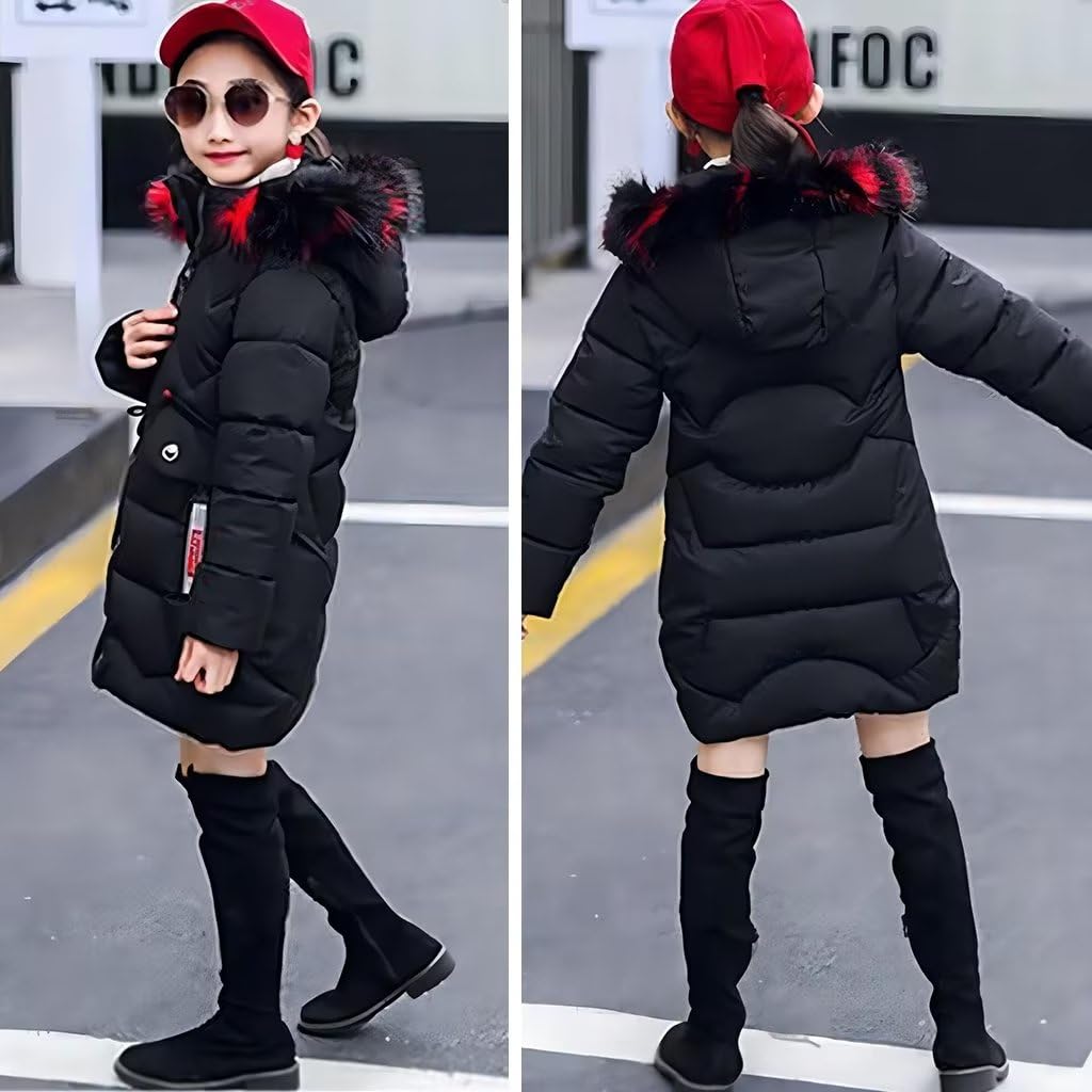 Girls' Winter Jacket Children's Winter Coat Thick Quilted Jacket Long Warm Parka Cotton Jacket Outdoor Coat with Fur Hood and Love Embroidery Print