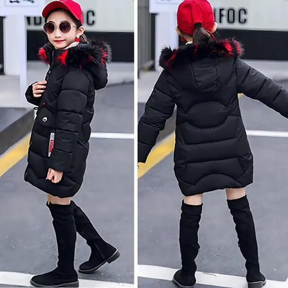 Girls' Winter Jacket Children's Winter Coat Thick Quilted Jacket Long Warm Parka Cotton Jacket Outdoor Coat with Fur Hood and Love Embroidery Print