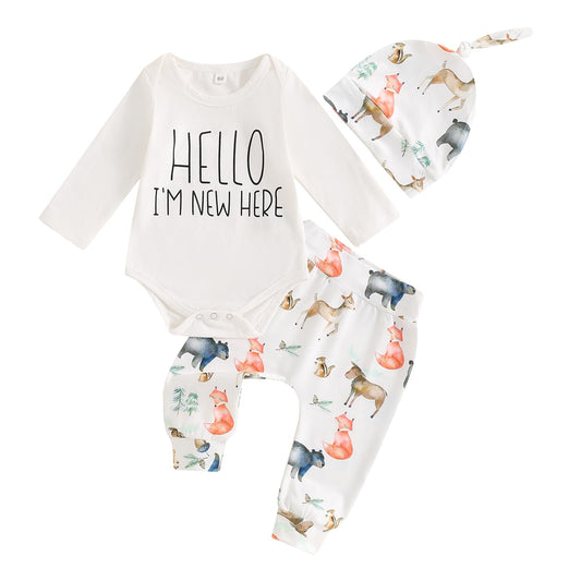 Geagodelia Neugeborene Baby Kleidung Set Junge Hello Im New Here Langarm Body und Hose Baumwolle Bekleidungssets für Baby Jungen Babykleidung Set Herbst Winter Outfits mit Mütze