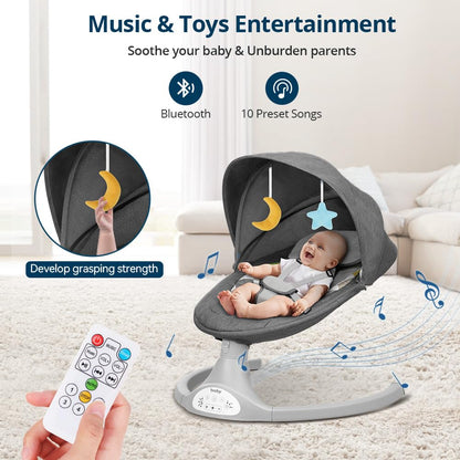 Bioby Elektrische Babywippe | Babyschaukel mit 5-Punkt-Gurt & 5 Schaukelmodi, Leicht & Sicher Wippe Baby Elektronisch mit Bluetooth-Musik & Fernbedienung, für 0-12 Monate (2-9 kg), Grau