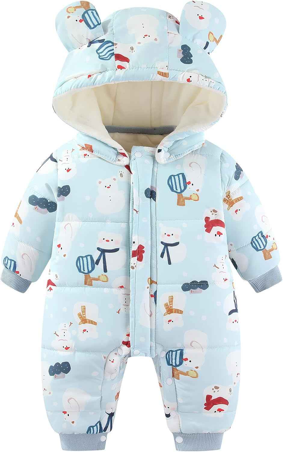JiAmy Baby Snowsuit, Toddler Winter Romper Girls Boys Winter Jumpsuit with Hood Long Sleeve Jumpsuit Cute Prints for 3-24 Months