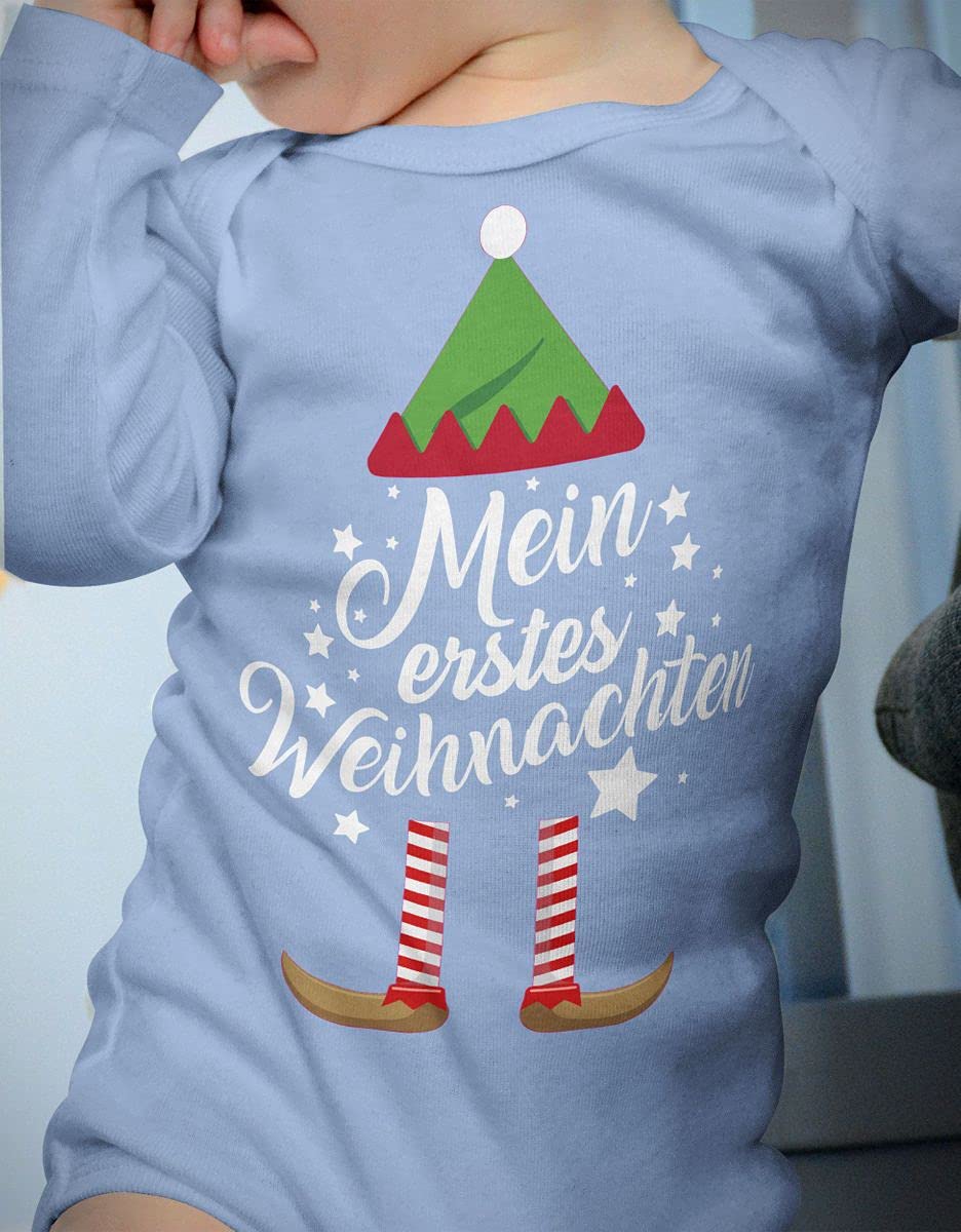 Mikalino Baby Bodysuit with Saying in German for Boys, Girls, Unisex, Long Sleeve, Mein erstes Weihnachten Saying (Christmas Elf), Hand Printed in Germany, Handmade with Love