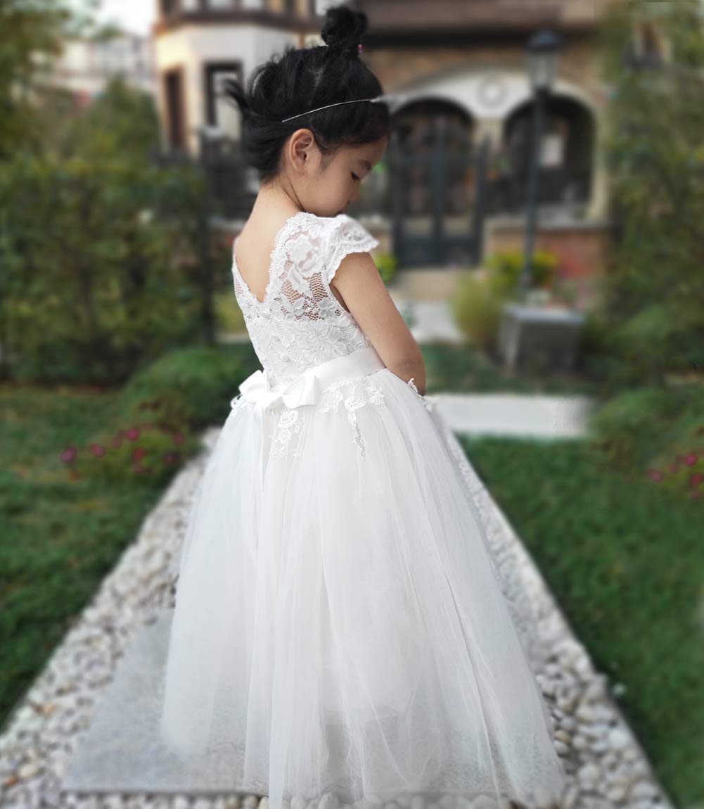 TYHTYM Blumenmädchen Kleid, Festzug, Hochzeit, Spitzenkleid, Abschlussballkleid, Mädchen, Partykleid, Flattern Ärmel, Weiß
